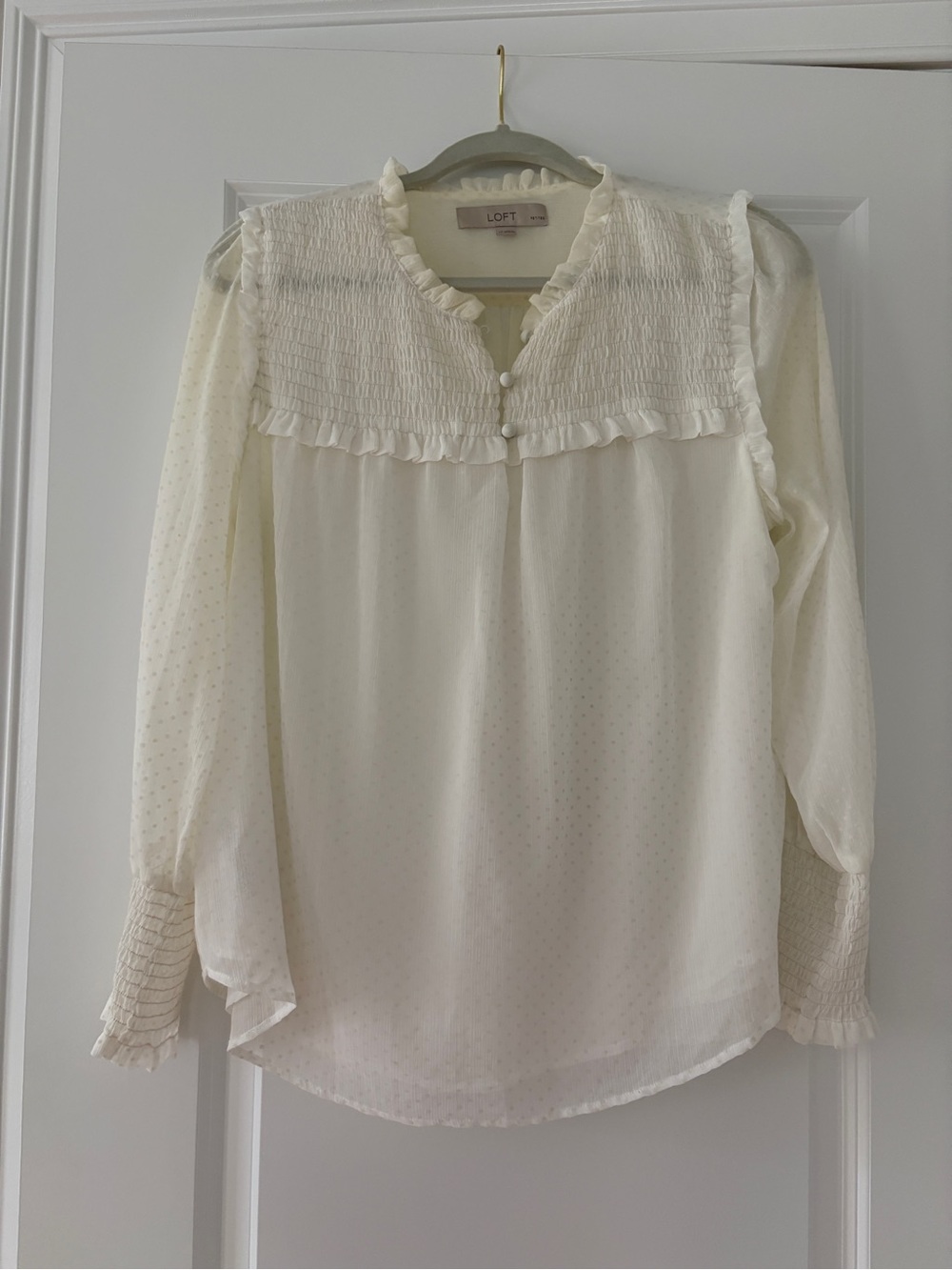 LOFT Cream Dot-Texture Ruffle Yoke Blouse